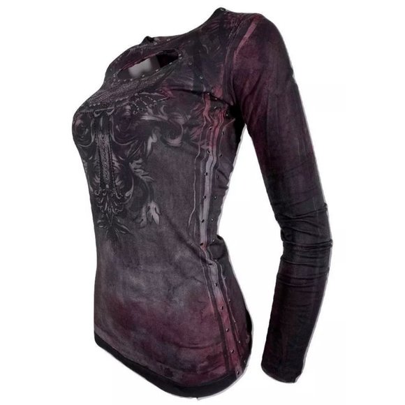 AFFLICTION Women's T-Shirt L/S CYPRESS Tee Biker - Picture 11 of 12